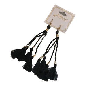 Black Gold XL Beaded BOHO Gypsy Festival Fringe Tassel Hippie 5" Earrings NWT